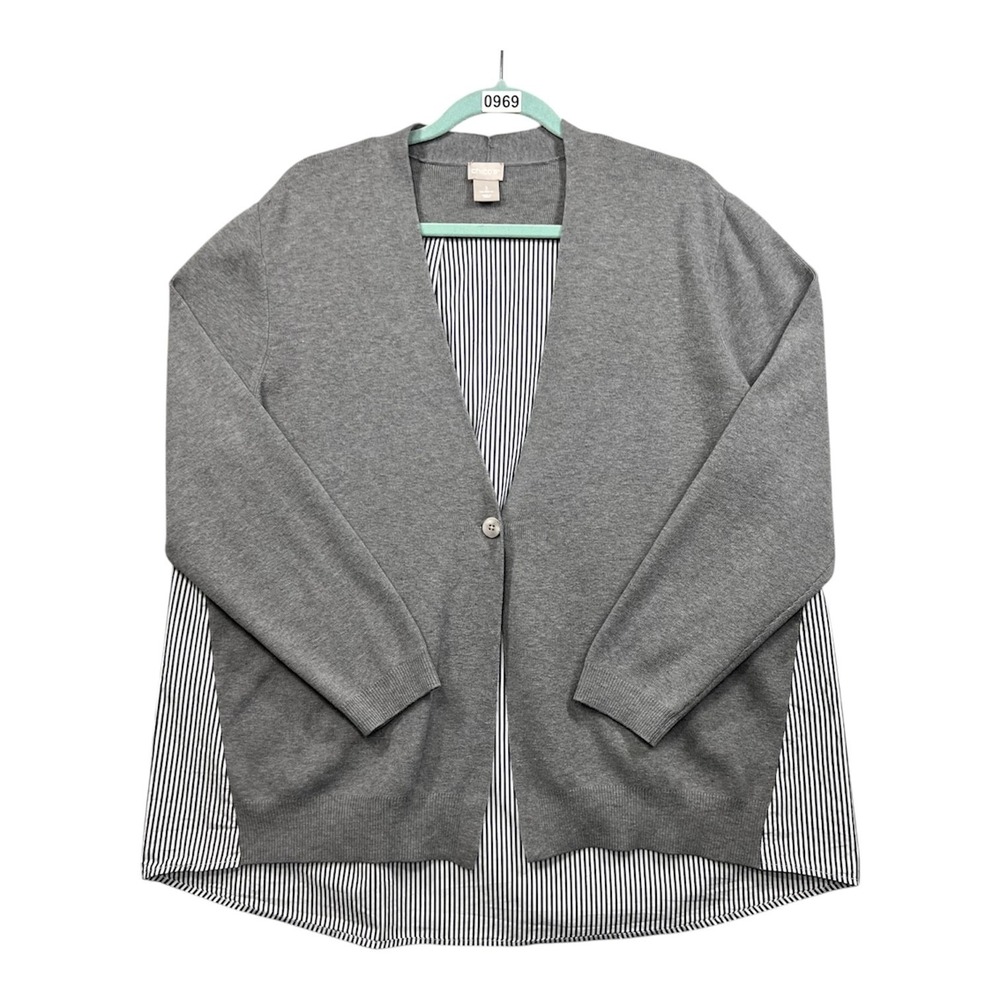Chicos Cardigan with Shirt Back Womens 3-XL Gray, Gray Striping Preppy LagonLook